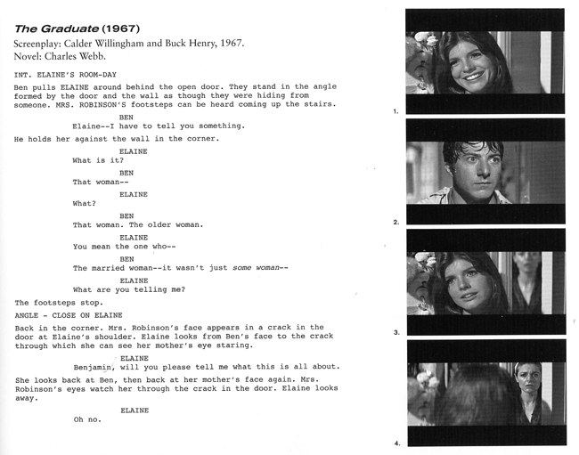 In this entry featuring The Graduate, the author explains the use of a "rack-focus"--here, shifting the focal point from one character to another. The author explains, "Unseen by Elaine, who is still facing Ben, Mrs. Robinson stands in the doorway. Mrs. Robinson is out-of-focus and ghost-like. When Elaine spins around, Mrs. Robinson is pulled into focus, and Elaine is thrown out of focus (Image 4). Every line in Mrs. Robinson's defeated face now shows. After a beat, Mrs. Robinson disappears from the door. When Elaine turns back to Ben, her face remains momentarily blurred, externalizing her confusion. At the moment of recognition, her face is pulled back into focus.