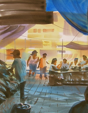 A market in Puerto Rico, painted by Tom Hoffman, provides an illustration of wide dynamic range (note the darks at the top, the lights in the distance), layering and simple design for optimum impact.