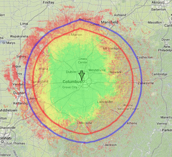 Let’s say you live in Columbus, Ohio, and you’re watching TV with rabbit ears or a rooftop antenna, not via cable or satellite. If you live in the green area, you won’t have any trouble receiving a clean signal. In the yellow, you may need an outdoor antenna. If you live in the orange or red zones, you will certainly need an outdoor antenna, and if you’re red, you may still have a tough time. Of course, every over-the-air TV channel broadcasts with its own distinctive coverage pattern— the result of the physics of the specific channel frequency, the antenna height and location, terrain, quality of your home antenna and home receiver, interference with other signals and with physical objects like buildings and mountains. Television broadcasting is a complicated business!