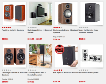 Here's an selection of bookshelf speakers offered by Audio Advisor. In the second row, note the speaker on a speaker stand. And on the top row, note the use of small speakers as part of a home theater setup.